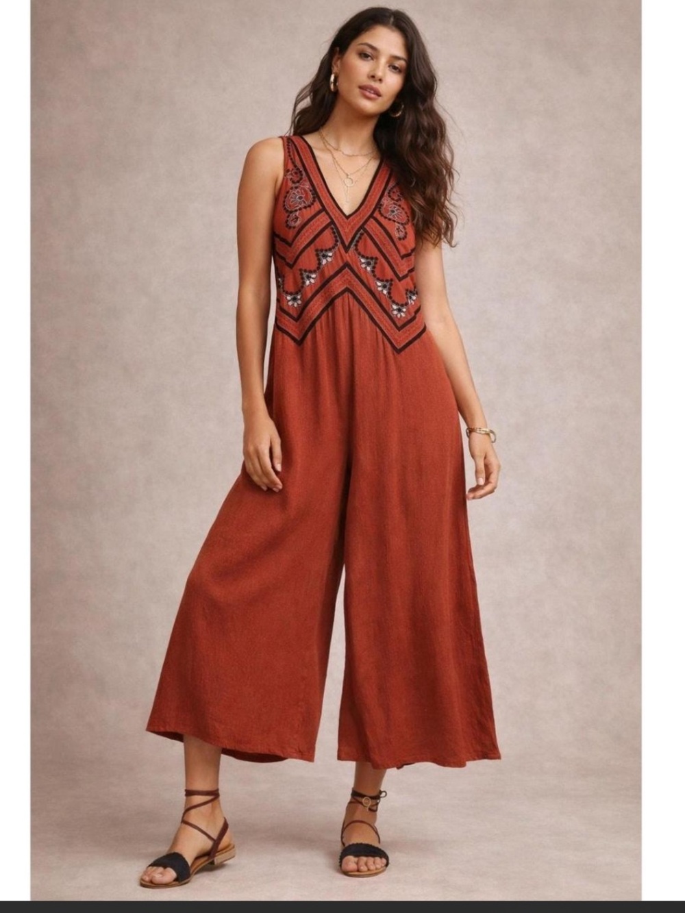 Maeve Desert Embroidered V-Neck Wide-Leg Jumpsuit
